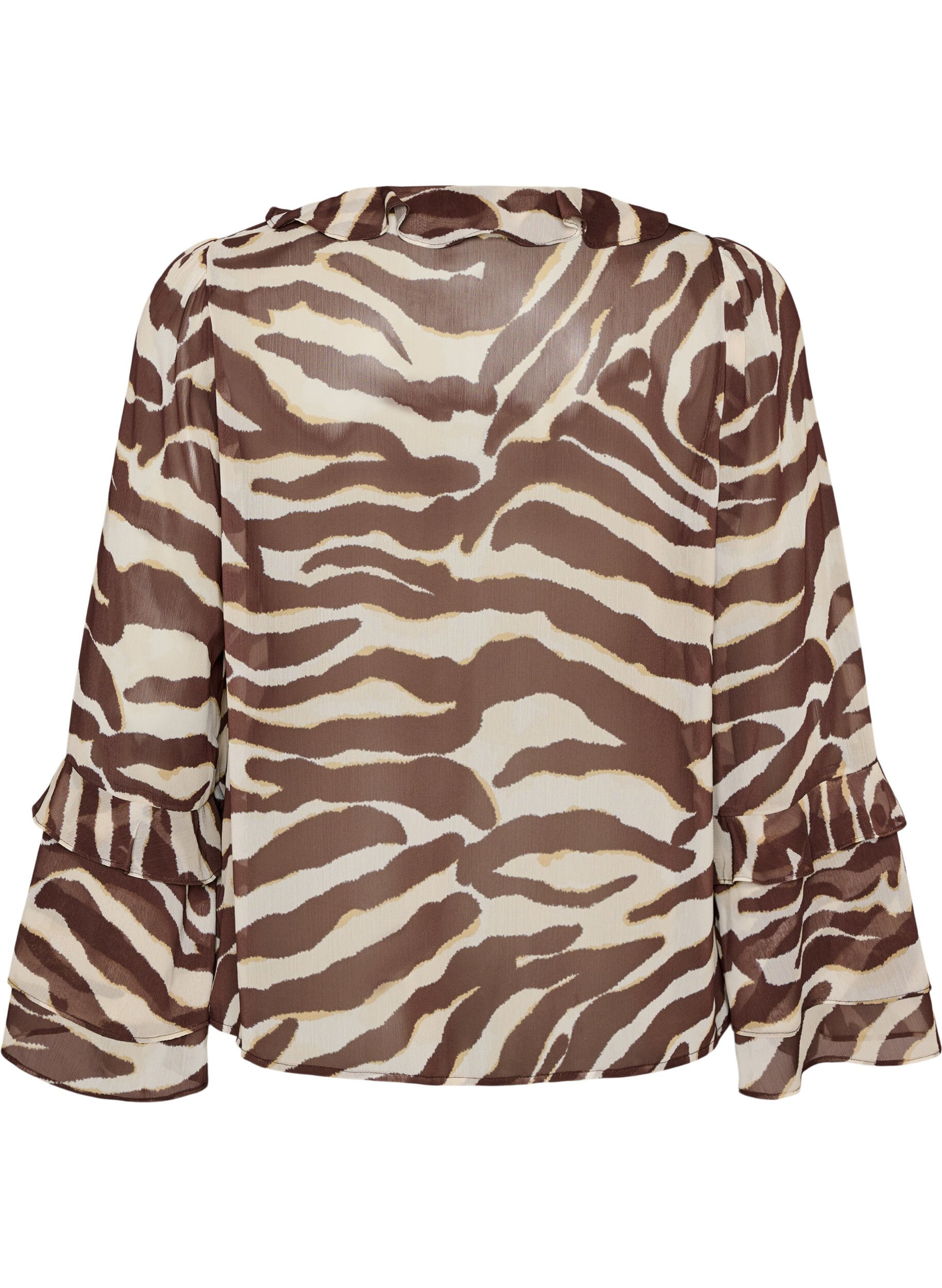 ZizziChiffonbluse med sebratrykk og volanger, Brun, Packshot image number 1