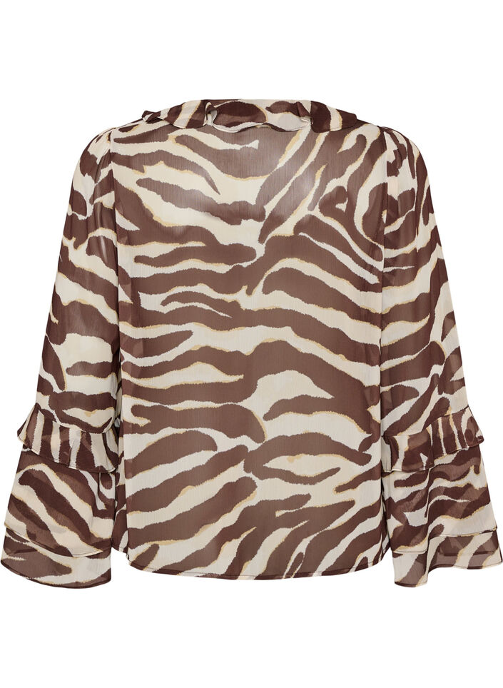 Chiffonbluse med sebratrykk og volanger, Brun, Packshot image number 1