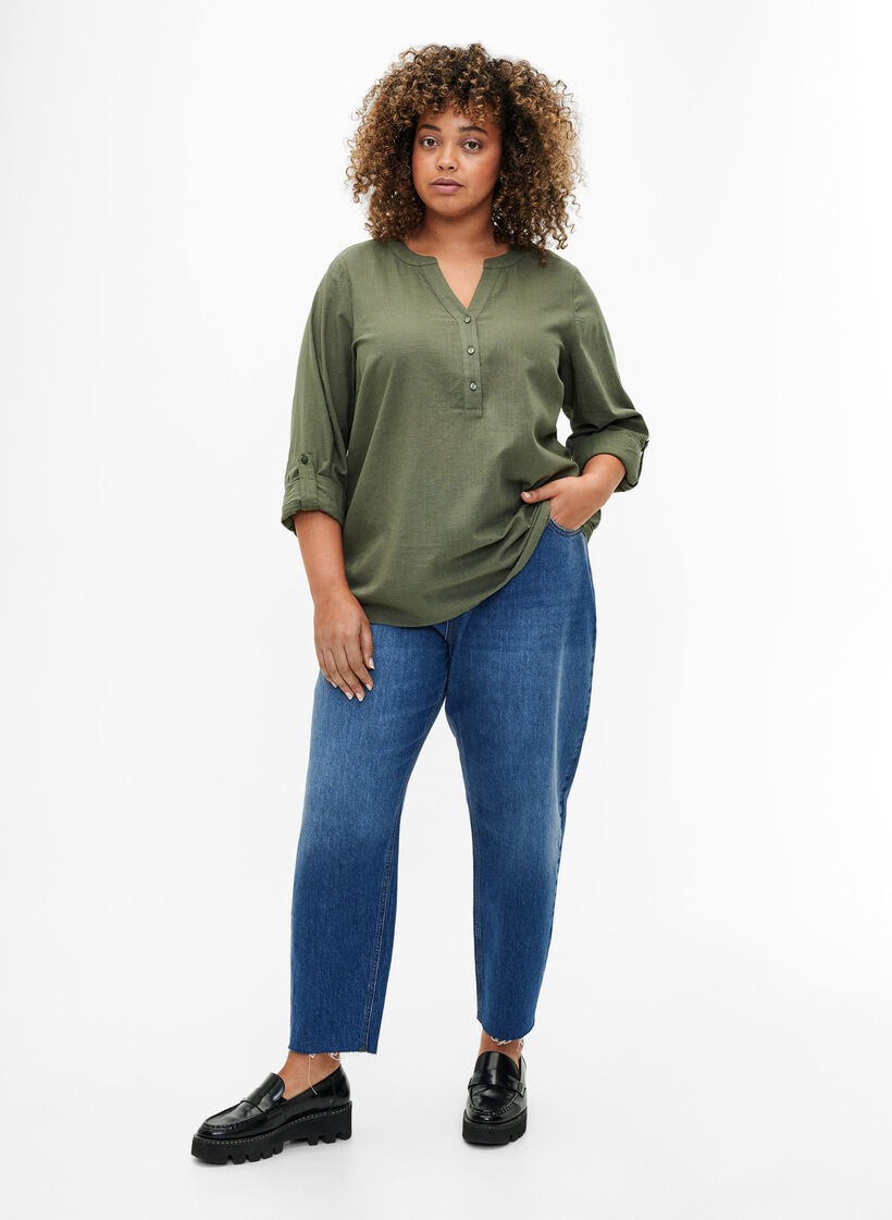 Bomullsbluse med V-hals, Thyme, Model image number 2