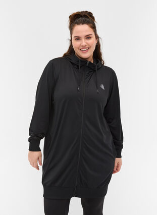 Lang treningsjakke med hette og lommer, Black, Model image number 0
