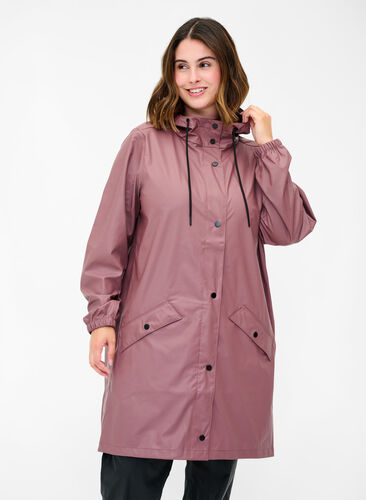 Regnjakke med hette og knappelukking, Rose Taupe, Model image number 0