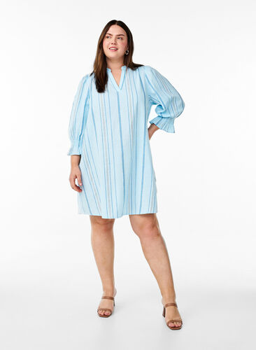 Zizzi Kort bomullskjole med stripet mønster, Blå, Model image number 1