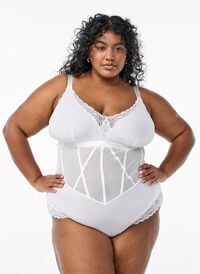 Body med blonder og stringdetaljer, Hvit Body med blonder og stringdetaljer, Hvit, Model