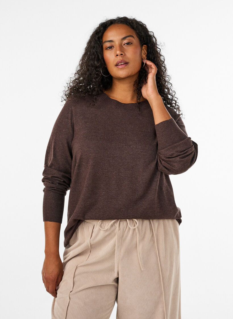 Strikkebluse med rund hals, Brun, Model image number 0