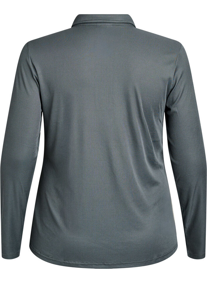 Poloskjorte i myk ribb med lange ermer, Grønn, Packshot image number 1