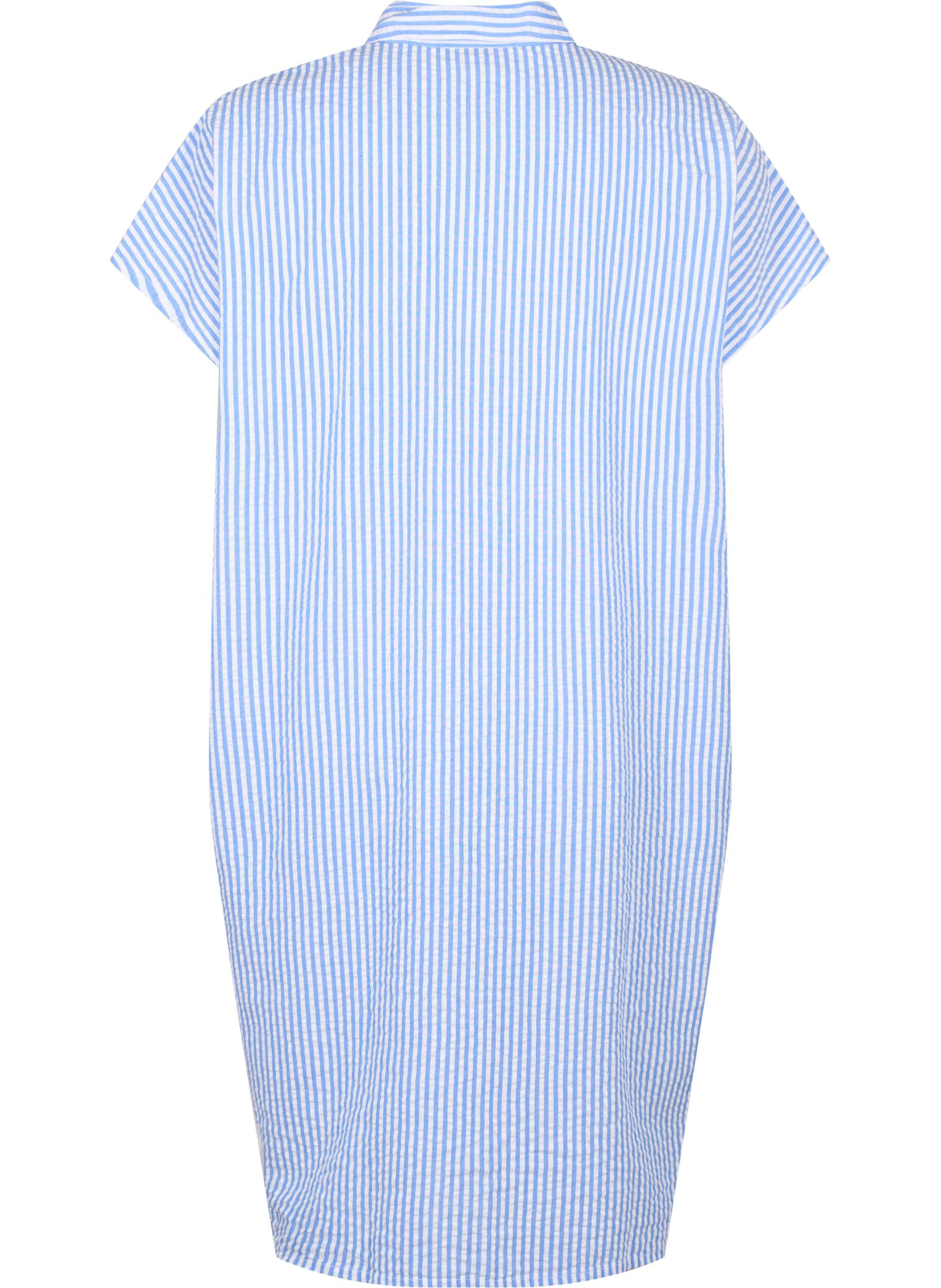 Zizzi Lang stripete bomullsskjorte, Light Blue Stripe, Packshot image number 1