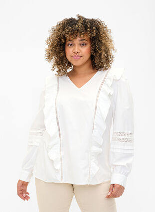 Bluse med ruffles og blondestrikk, Bright White, Model image number 0