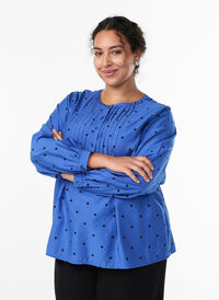 Bluse med prikker og lange ermer, Blå Bluse med prikker og lange ermer, Blå, Model