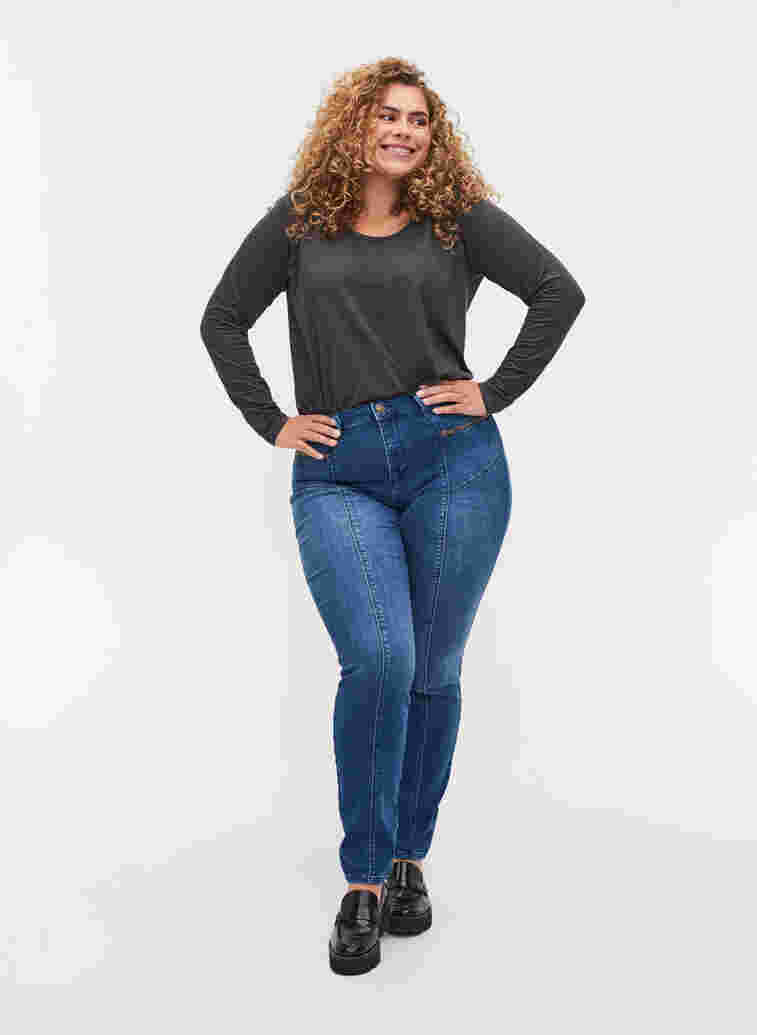 Dual core Amy jeans med høyt liv, Blue denim, Model image number 0