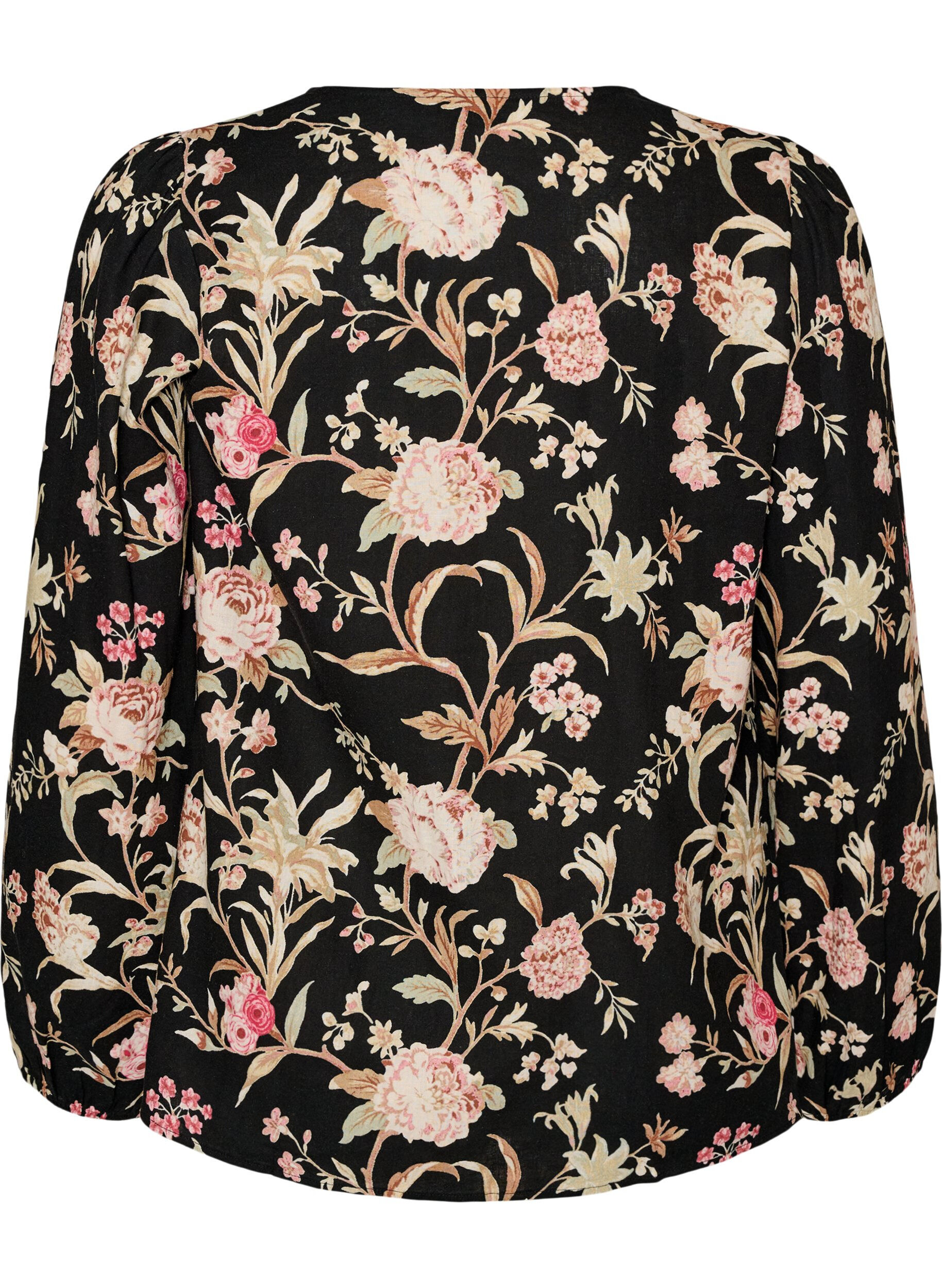 ZizziBluse med blomstertrykk i lin og viskose med lange ermer, Svart, Packshot image number 1
