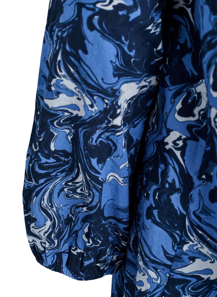 Kort bomullskjole med elastisk fold og lange ermer, Bl&aring;, Packshot image number 3