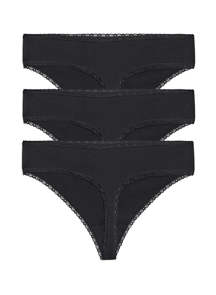 G-streng med blondekanter, 3 stk., Black, Packshot image number 1