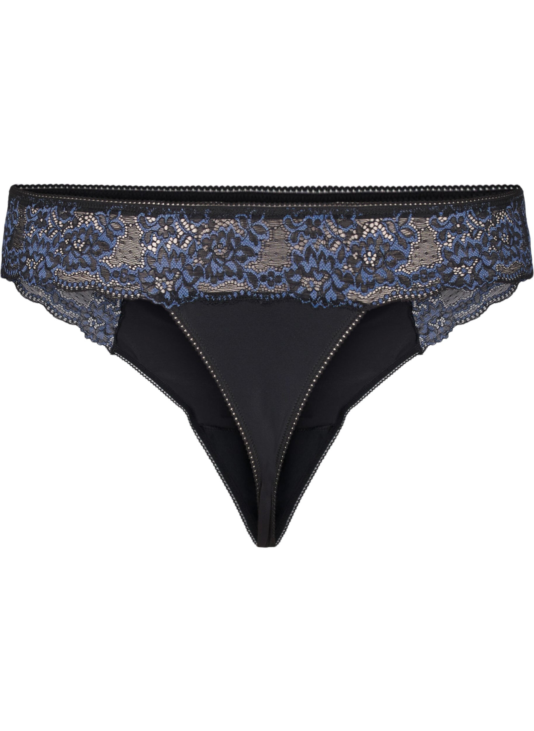 Zizzi Mikrofiber-G-string med blonder, Black w Blue, Packshot image number 1