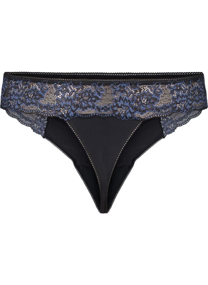 Mikrofiber-G-string med blonder, Black w Blue, Packshot image number 1