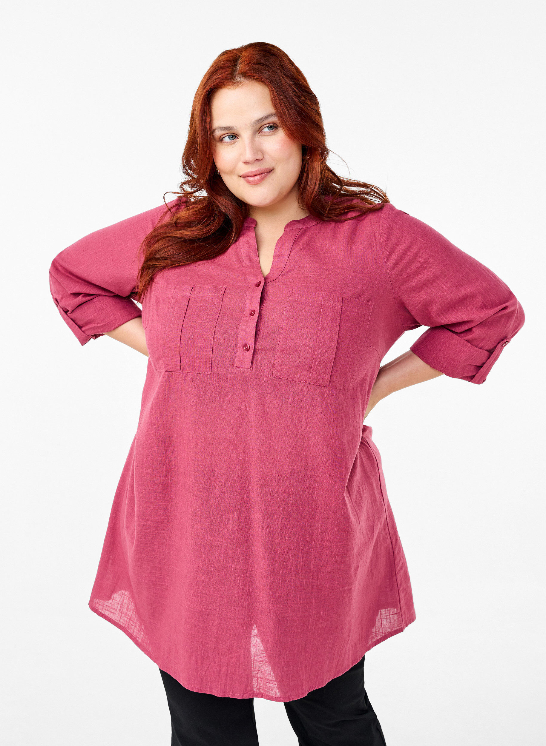 Zizzi Tunika i bomull med 3/4 ermer, Malaga, Model image number 0