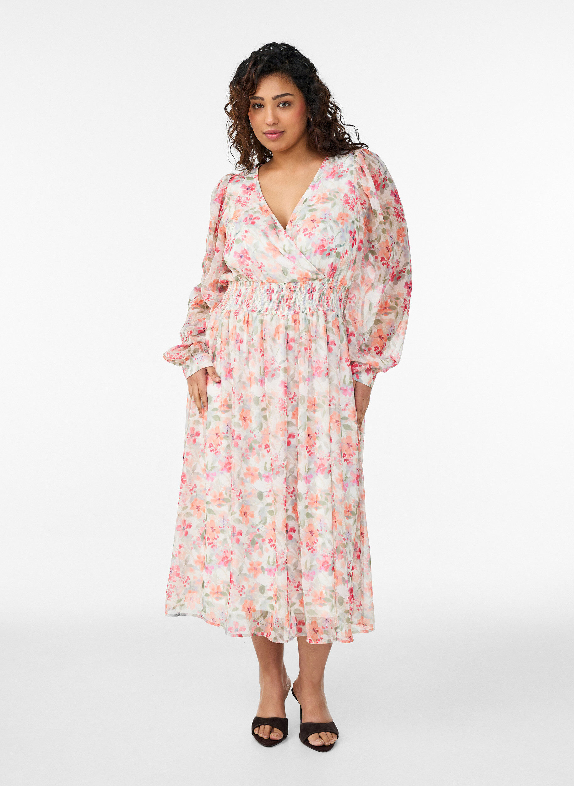 Midi kjole med blomster og omslagseffekt smock, Orange, Model