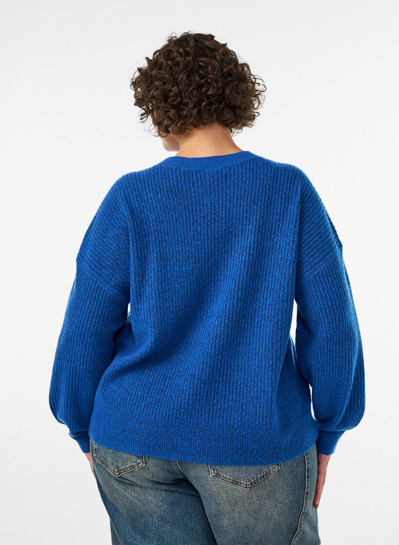 Ribbestrikket cardigan med knapper, Bl&aring;, Model image number 2