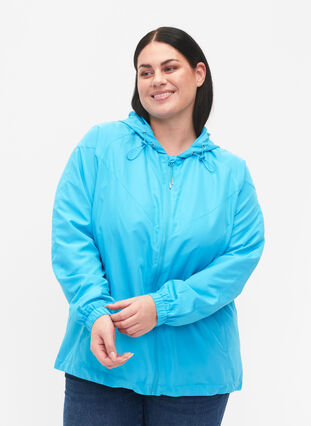 Kort jakke med hette og justerbar bunn, River Blue, Model image number 0