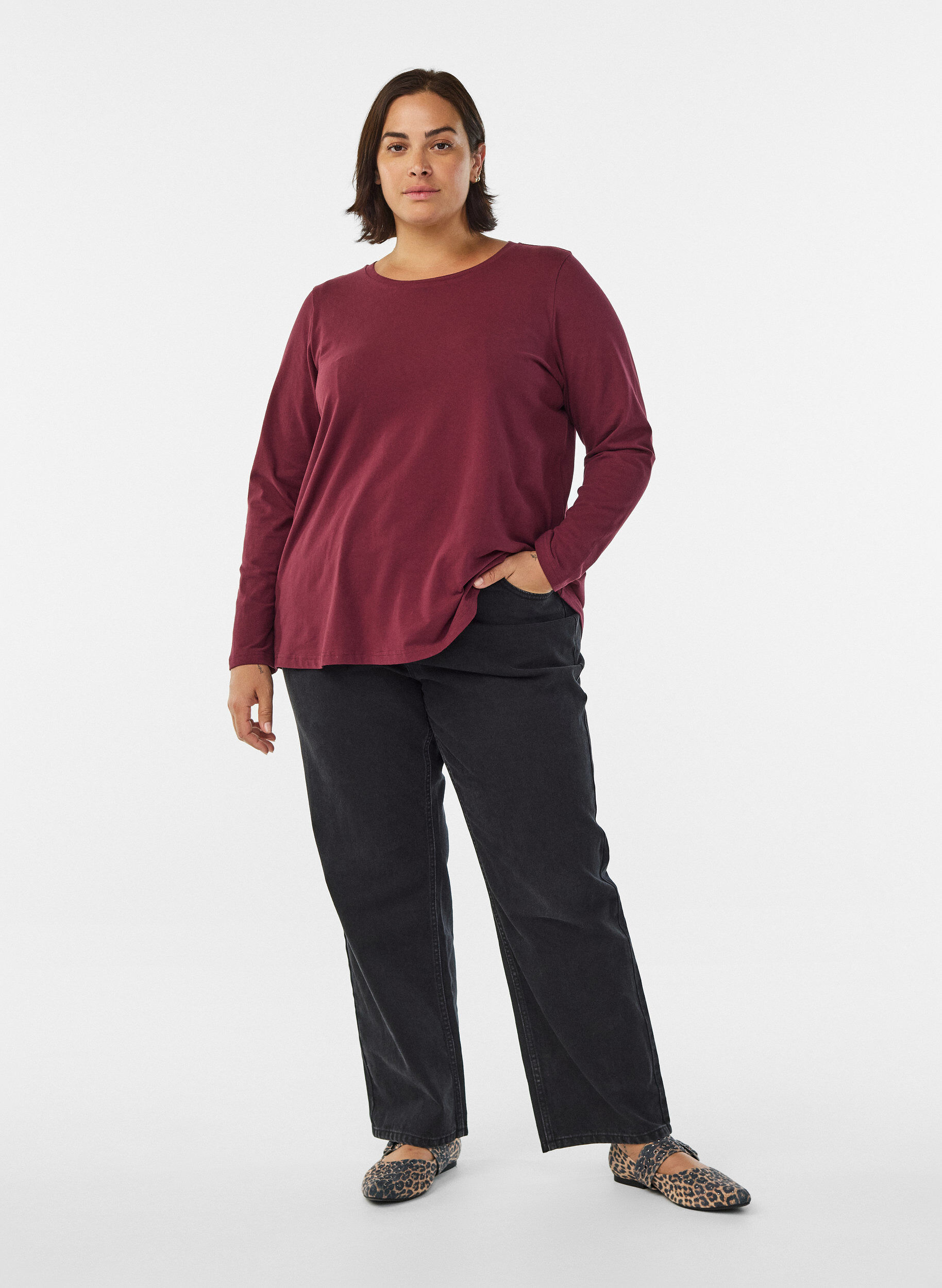 Zizzi Basis jersey bluse med lange ermer, M&oslash;rk Bordeaux, Model image number 1