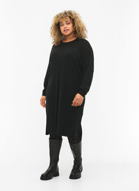 Oversized strikkekjole med splitt, Black, Model