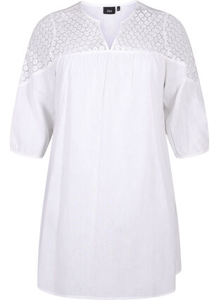 Kjole i bomullsblanding med lin og heklede detaljer, Bright White, Packshot image number 0