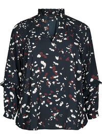 Bluse med trykk og volangdetaljer, Svart Bluse med trykk og volangdetaljer