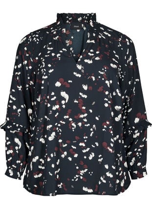 Zizzi Bluse med trykk og volangdetaljer, Svart, Packshot image number 0