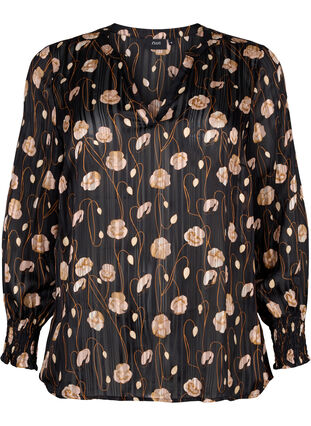 Mønstrete bluse med smock og V-hals, Black Flower, Packshot image number 0