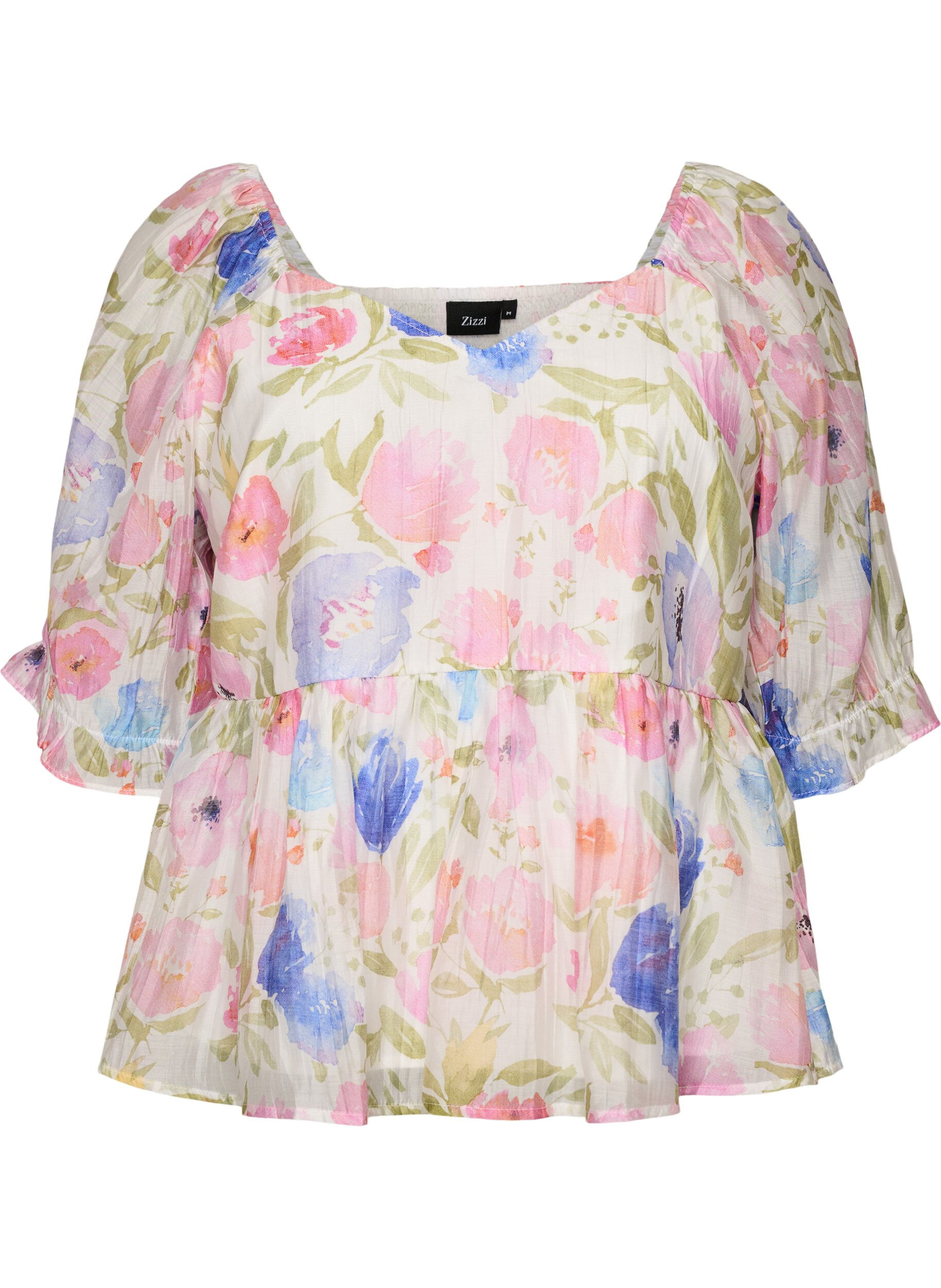 Bluse i lyocell med blomstertrykk og sweetheart-utringning