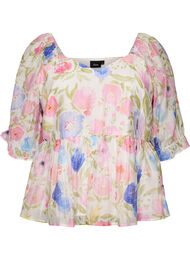 Bluse i lyocell med blomstertrykk og sweetheart-utringning, Hvit