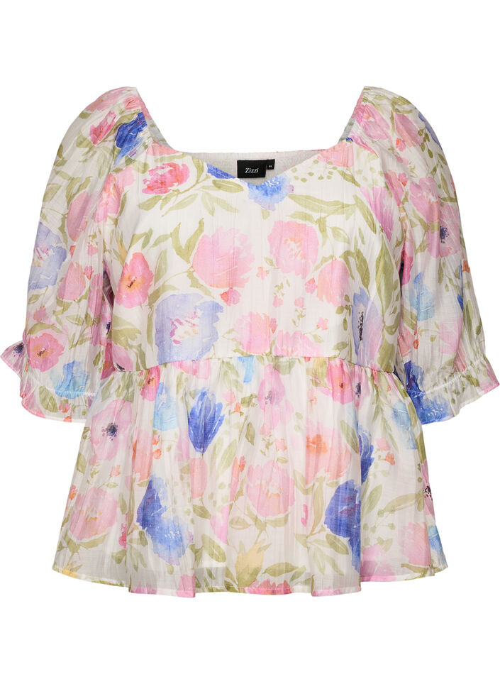 Bluse i lyocell med blomstertrykk og sweetheart-utringning, Hvit, Packshot image number 0