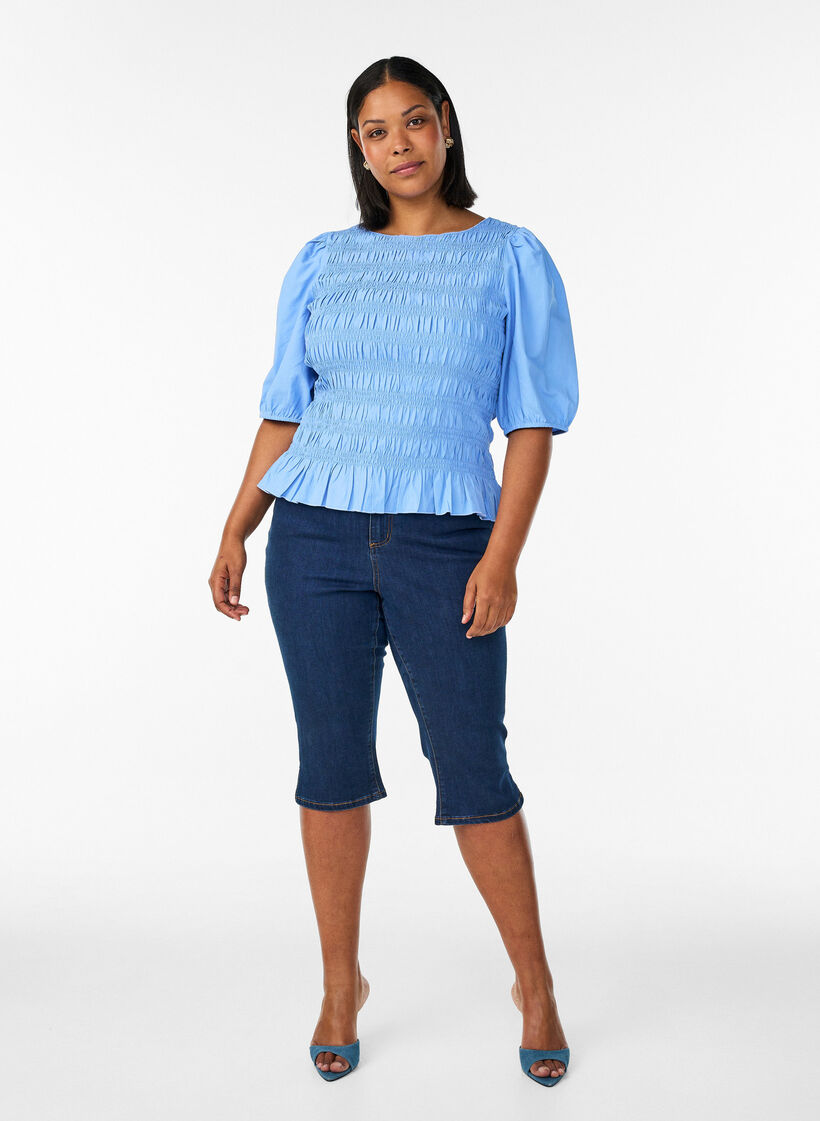 Smockbluse med volangkant og b&aring;thals, Bl&aring;, Model image number 1