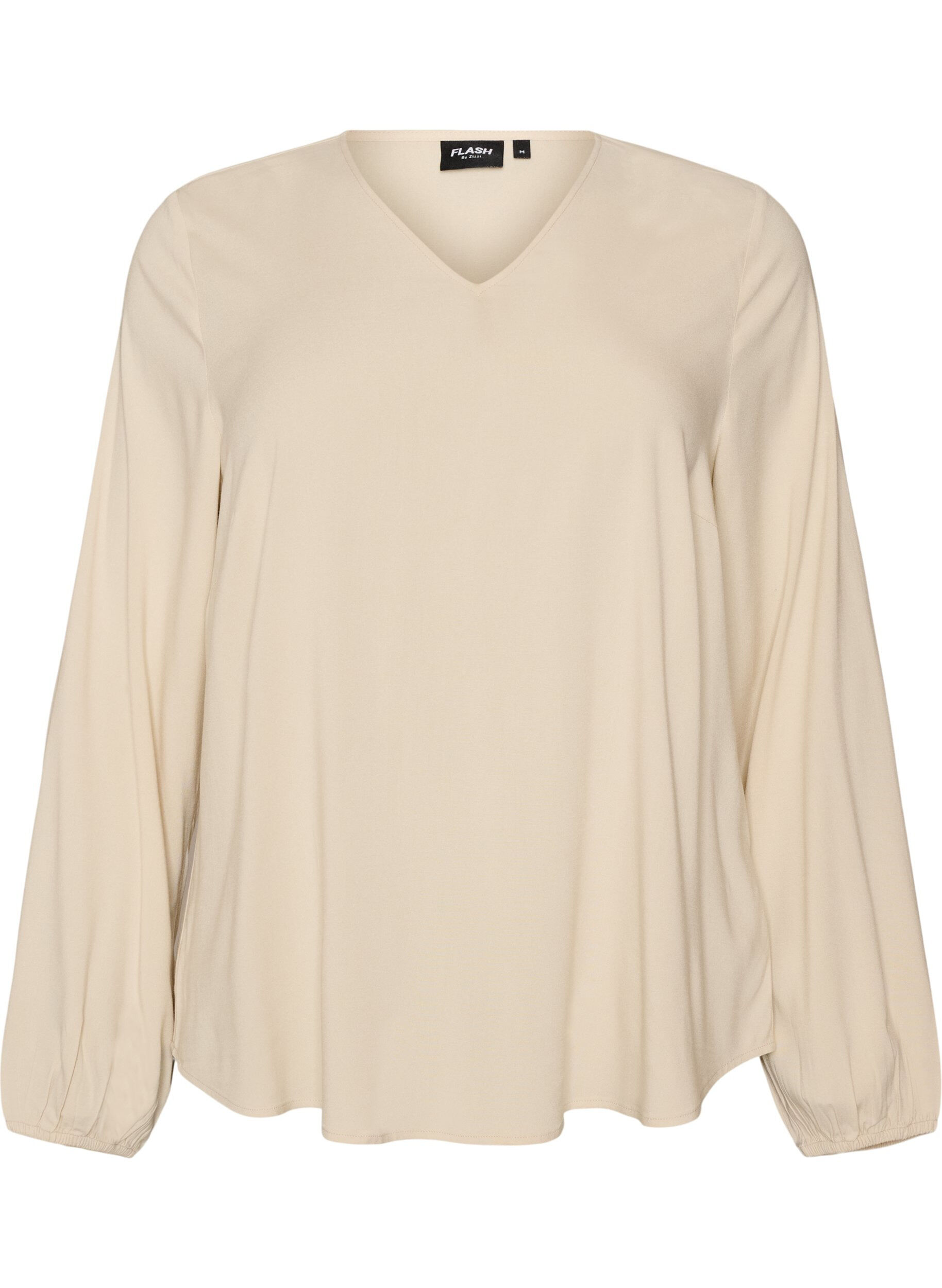 ZizziViskosebluse med V-hals og avrundet fold, Beige, Packshot image number 0