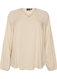 Viskosebluse med V-hals og avrundet fold, Beige