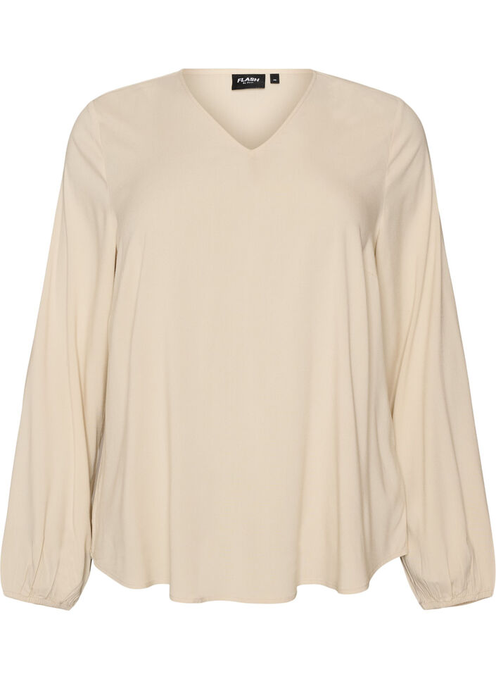Viskosebluse med V-hals og avrundet fold, Beige, Packshot image number 0