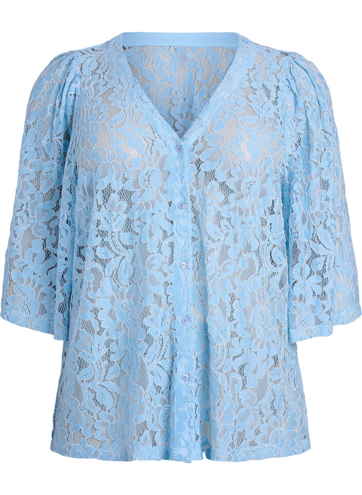 Kortermet bluse med blonder og V-hals, Bl&aring;, Packshot image number 0