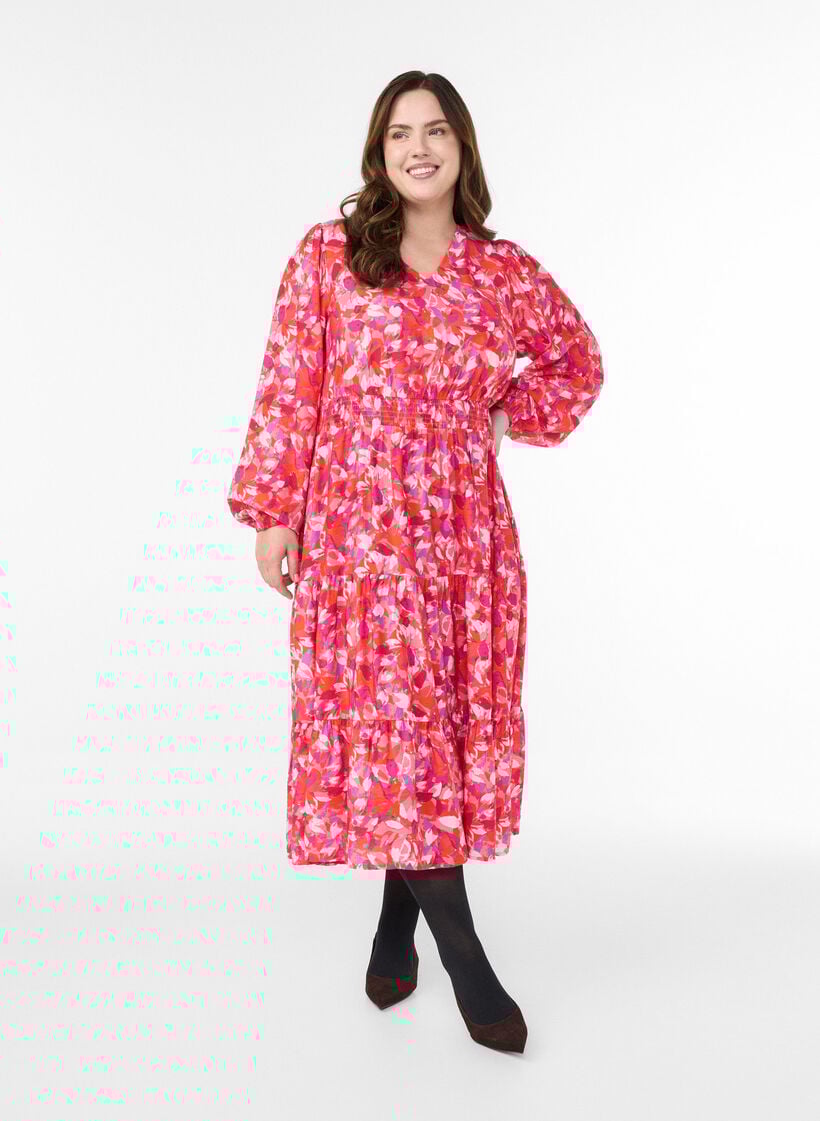 Midikjole med fargerikt bladtrykk, Rosa, Model image number 0