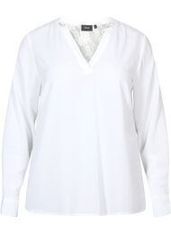 Bluse med lange ermer og blondedetaljer , Bright White