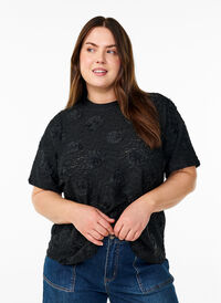 Bluse med 3D-blomster og korte ermer, Svart Bluse med 3D-blomster og korte ermer, Svart, Model