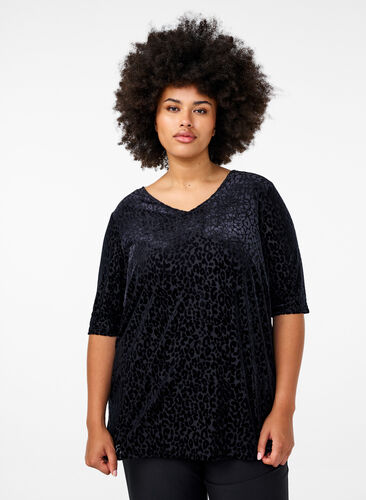 Zizzi Kortermet bluse med leopardmønster, Black, Model image number 0