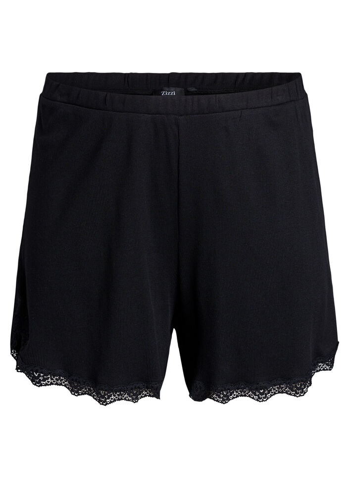 L&oslash;se nattshorts med ribbestruktur og blonderkant, Svart, Packshot image number 0