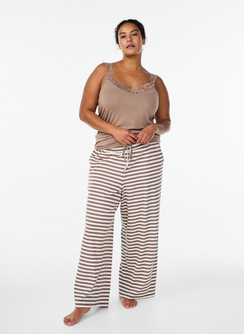 Stripete pyjamasbukser med h&oslash;y midje og vide ben, Beige, Model image number 0
