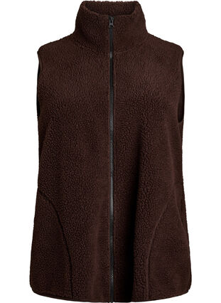 Zizzi Teddy fleece vest med glidelås og lommer, Brun, Packshot image number 0