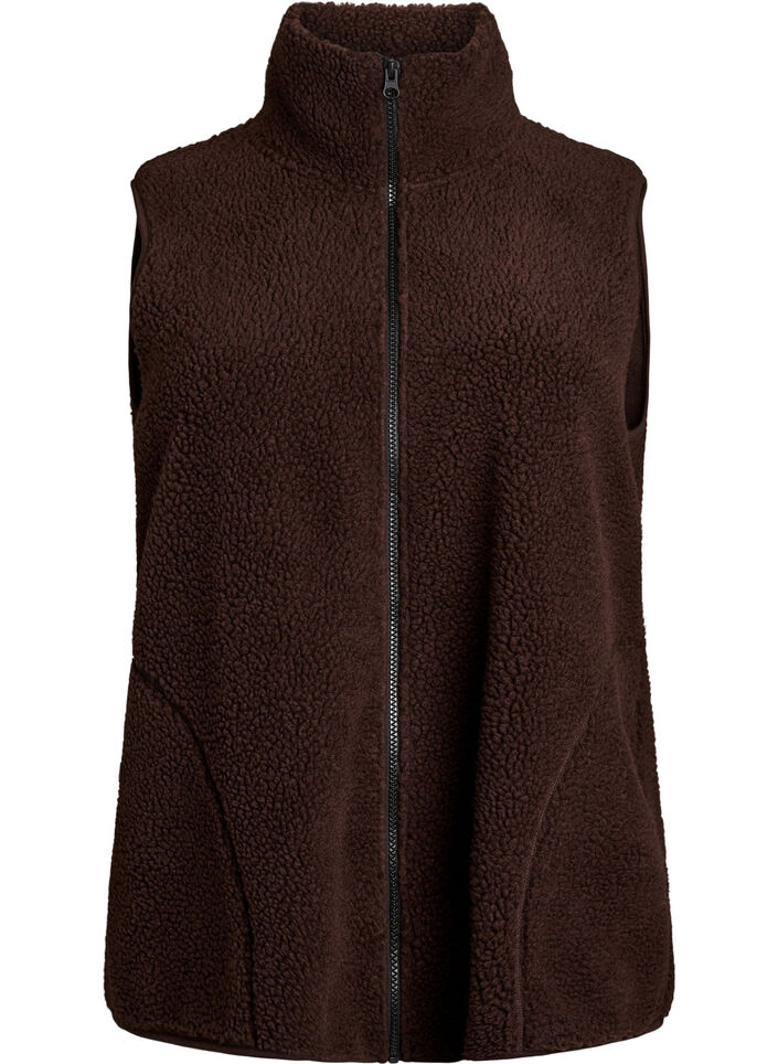 Teddy fleece vest med glidelås og lommer, Brun, Packshot image number 0