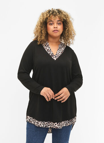 Bluse med lange ermer og «look a-like»-skjorte, Black Leo AOP, Model image number 0