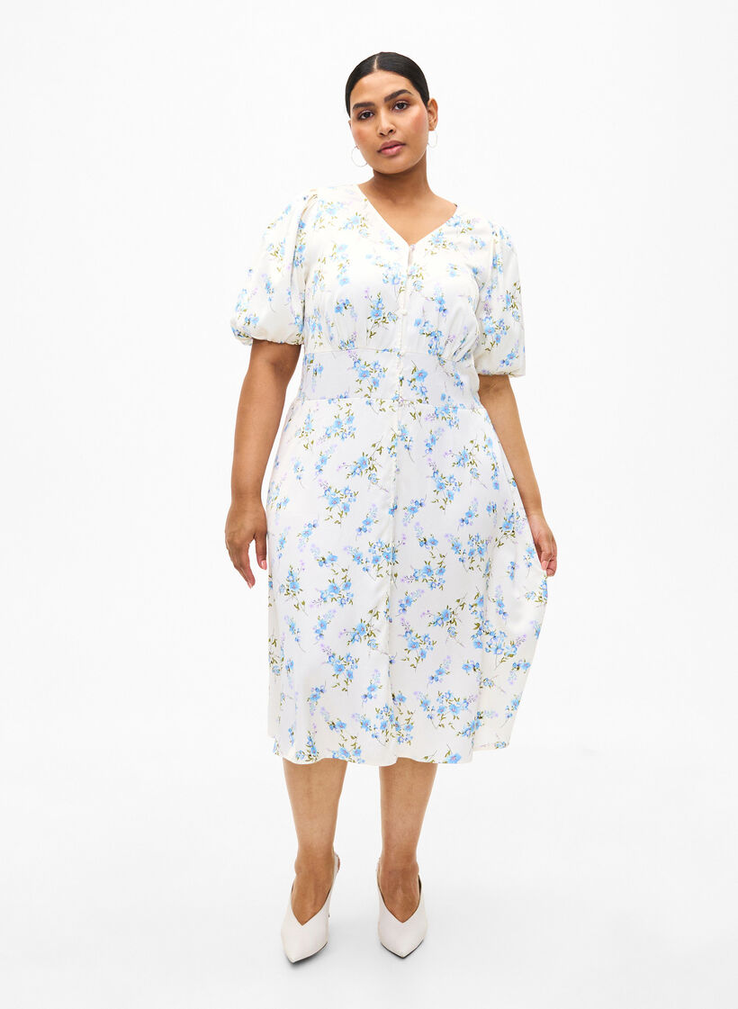 Blomstret satengkjole med puffermer, Off White Blue Fl., Model image number 3