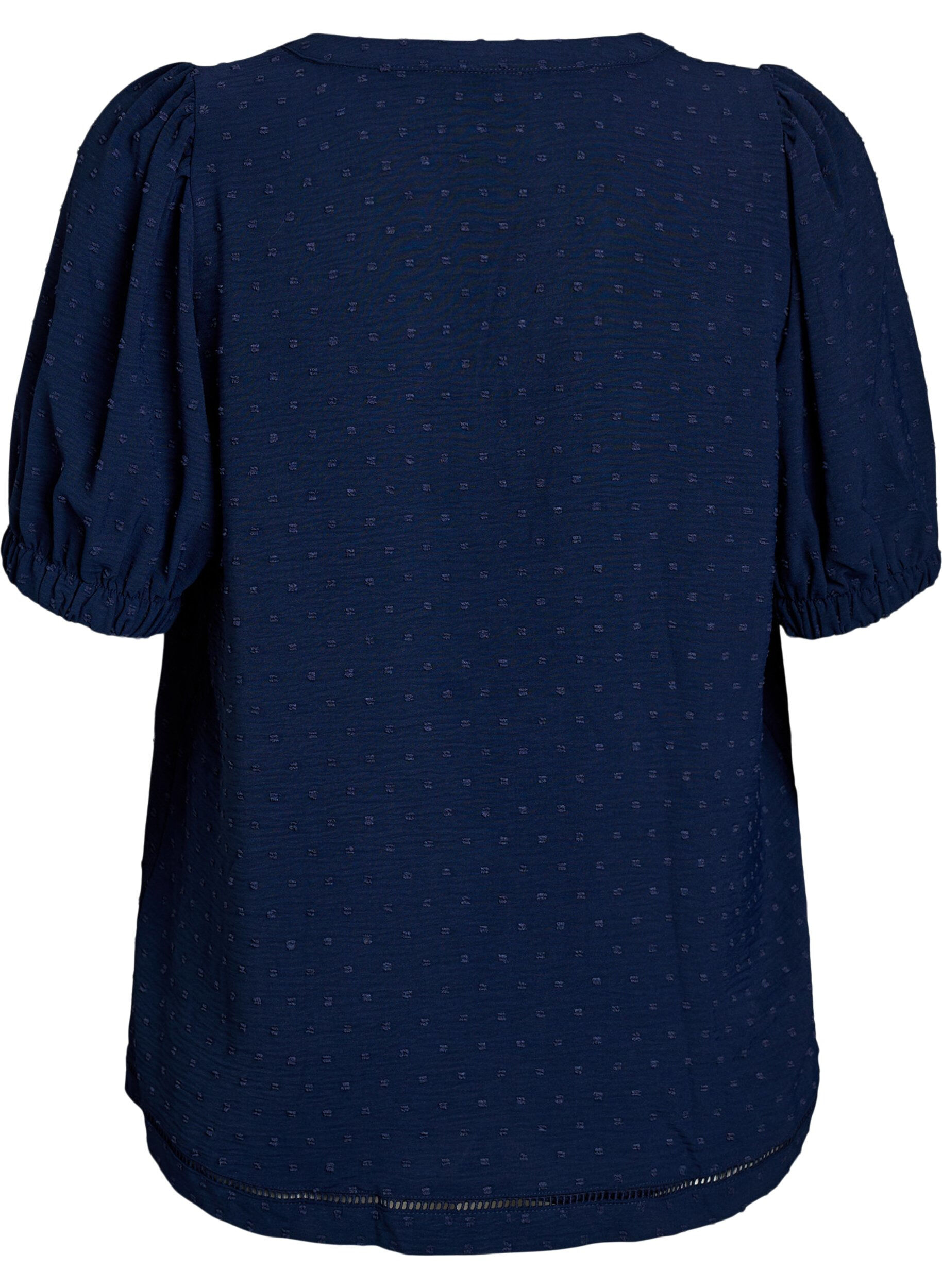Zizzi Bluse med korte puff ermer og prikkete tekstur, Navy Blazer, Packshot image number 1