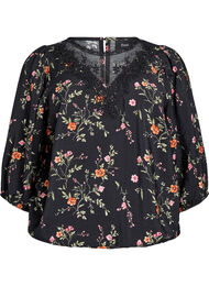 Bluse med 3/4 ermer og blondedetaljer, Flower AOP
