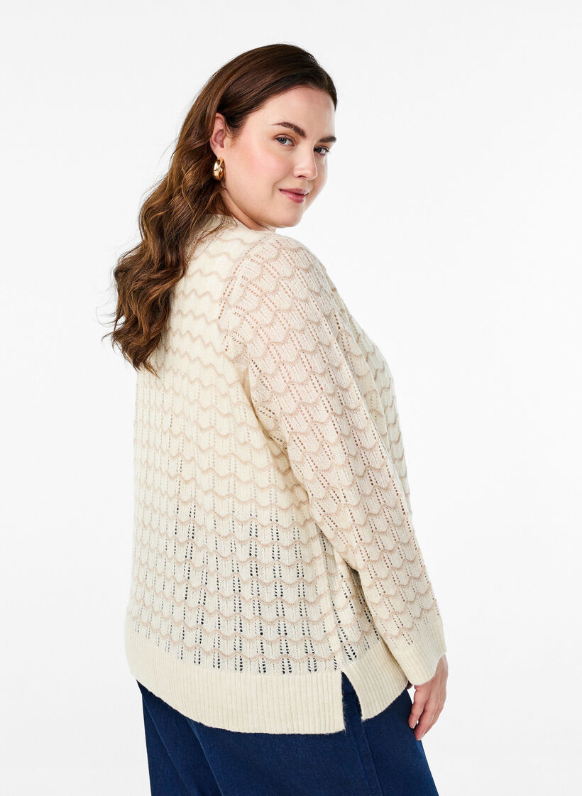 Strikket cardigan med et åpent mønster og bølgete linjer, Birch w. Simply T., Model image number 1
