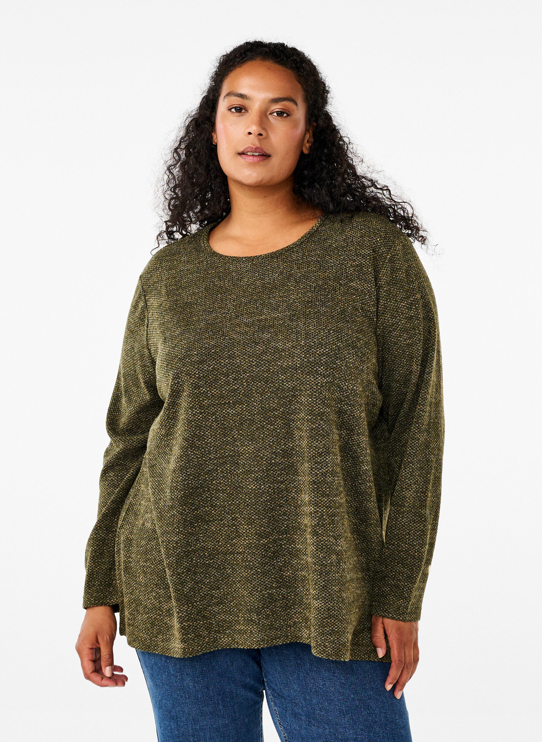 Zizzi Melange Bluse med rund hals og lange ermer, Winter Moss, Model image number 0